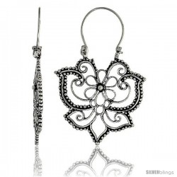 Sterling Silver Filigree Bali Earrings w/ Beads & Floral Design, 1 7/16" (36 mm) tall