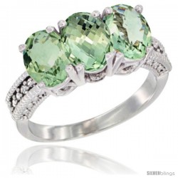 14K White Gold Natural Green Amethyst Ring 3-Stone 7x5 mm Oval Diamond Accent