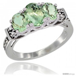 14K White Gold Natural Green Amethyst Ring 3-Stone Oval with Diamond Accent