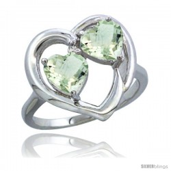 14k White Gold 2-Stone Heart Ring 6mm Natural Green Amethyst Stones Diamond Accent, Diamond Accent