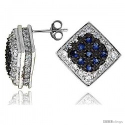 Sterling Silver 3/4" (19 mm) tall Jeweled Diamond-shaped Post Earrings, Rhodium Plated w/ High Quality Blue & White CZ Stones