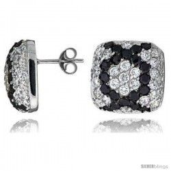 Sterling Silver 5/8" (16 mm) tall Jeweled Cushion-shaped Post Earrings, Rhodium Plated w/ High Quality Black & White CZ Stones