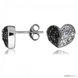 Sterling Silver 5/16" (8 mm) tall Jeweled Heart Post Earrings, Rhodium Plated w/ High Quality Black & White CZ Stones