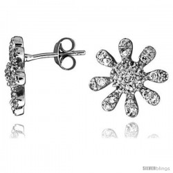Sterling Silver 1/2" (13 mm) tall Jeweled Sun Post Earrings, Rhodium Plated w/ High Quality CZ Stones