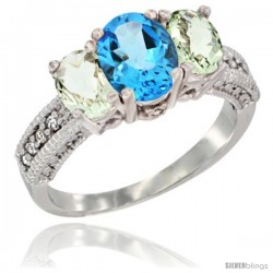 14k White Gold Ladies Oval Natural Swiss Blue Topaz 3-Stone Ring with Green Amethyst Sides Diamond Accent