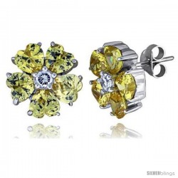 Sterling Silver Flower Stud Earrings w/ Heart-shaped Yellow Topaz-colored CZ Stones, 1/2" (12 mm) tall