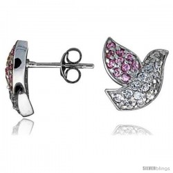 Sterling Silver 1/2" (13 mm) tall Jeweled Dove Post Earrings, Rhodium Plated w/ High Quality Pink & White CZ Stones