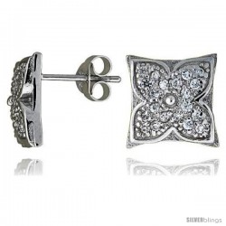 Sterling Silver 7/16" (11 mm) tall Jeweled Flower Post Earrings, Rhodium Plated w/ High Quality CZ Stones