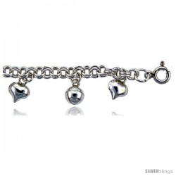 Sterling Silver Rolo Anklet w/ Hearts and Chime Balls