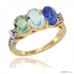 10K Yellow Gold Natural Green Amethyst, Aquamarine & Tanzanite Ring 3-Stone Oval 7x5 mm Diamond Accent