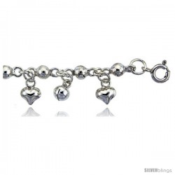 Sterling Silver Anklet w/ Beads, Hearts & Chime Balls