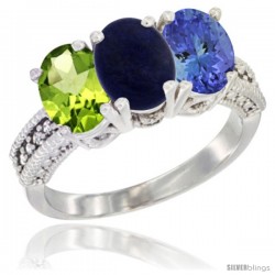 14K White Gold Natural Peridot, Lapis & Tanzanite Ring 3-Stone Oval 7x5 mm Diamond Accent