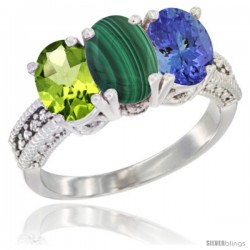 14K White Gold Natural Peridot, Malachite & Tanzanite Ring 3-Stone Oval 7x5 mm Diamond Accent