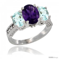 14K White Gold Ladies 3-Stone Oval Natural Amethyst Ring with Aquamarine Sides Diamond Accent