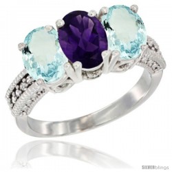 14K White Gold Natural Amethyst & Aquamarine Sides Ring 3-Stone Oval 7x5 mm Diamond Accent