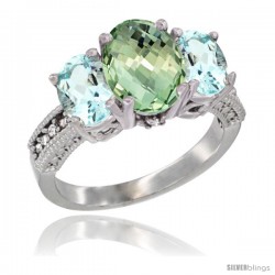 14K White Gold Ladies 3-Stone Oval Natural Green Amethyst Ring with Aquamarine Sides Diamond Accent