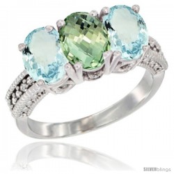 14K White Gold Natural Green Amethyst & Aquamarine Sides Ring 3-Stone Oval 7x5 mm Diamond Accent