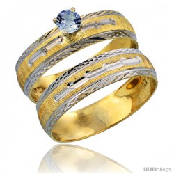 10k Gold Ladies' 2-Piece 0.25 Carat Light Blue Sapphire Engagement Ring Set Diamond-cut Pattern Rhodium Accent, 3/16 in