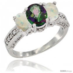 10K White Gold Ladies Oval Natural Mystic Topaz 3-Stone Ring with Opal Sides Diamond Accent