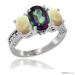 10K White Gold Ladies Natural Mystic Topaz Oval 3 Stone Ring with Opal Sides Diamond Accent