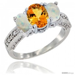10K White Gold Ladies Oval Natural Citrine 3-Stone Ring with Opal Sides Diamond Accent