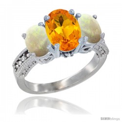 10K White Gold Ladies Natural Citrine Oval 3 Stone Ring with Opal Sides Diamond Accent