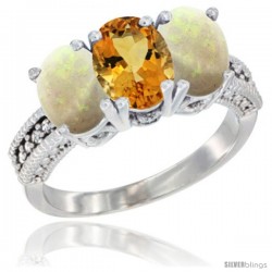 10K White Gold Natural Citrine & Opal Ring 3-Stone Oval 7x5 mm Diamond Accent