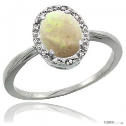 10k White Gold Opal Diamond Halo Ring 8X6 mm Oval Shape, 1/2 in wide