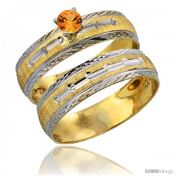 10k Gold Ladies' 2-Piece 0.25 Carat Orange Sapphire Engagement Ring Set Diamond-cut Pattern Rhodium Accent, 3/16 in. (4.5mm)