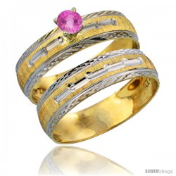 10k Gold Ladies' 2-Piece 0.25 Carat Pink Sapphire Engagement Ring Set Diamond-cut Pattern Rhodium Accent, 3/16 in. (4.5mm) wide