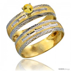 10k Gold Ladies' 2-Piece 0.25 Carat Yellow Sapphire Engagement Ring Set Diamond-cut Pattern Rhodium Accent, 3/16 in. (4.5mm)