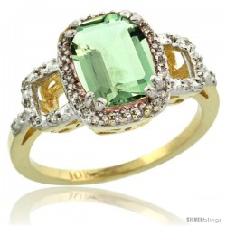 10k Yellow Gold Diamond Green-Amethyst Ring 2 ct Checkerboard Cut Cushion Shape 9x7 mm, 1/2 in wide