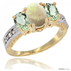 14k Yellow Gold Ladies Oval Natural Opal 3-Stone Ring with Green Amethyst Sides Diamond Accent