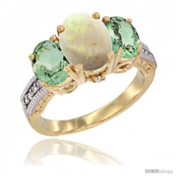 14K Yellow Gold Ladies 3-Stone Oval Natural Opal Ring with Green Amethyst Sides Diamond Accent