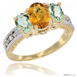 14k Yellow Gold Ladies Oval Natural Whisky Quartz 3-Stone Ring with Green Amethyst Sides Diamond Accent