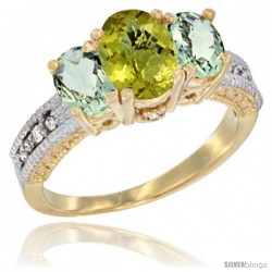 14k Yellow Gold Ladies Oval Natural Lemon Quartz 3-Stone Ring with Green Amethyst Sides Diamond Accent