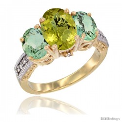 14K Yellow Gold Ladies 3-Stone Oval Natural Lemon Quartz Ring with Green Amethyst Sides Diamond Accent