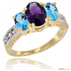 14k Yellow Gold Ladies Oval Natural Amethyst 3-Stone Ring with Swiss Blue Topaz Sides Diamond Accent