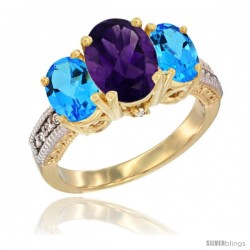 14K Yellow Gold Ladies 3-Stone Oval Natural Amethyst Ring with Swiss Blue Topaz Sides Diamond Accent