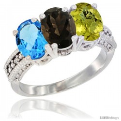 14K White Gold Natural Swiss Blue Topaz, Smoky Topaz & Lemon Quartz Ring 3-Stone 7x5 mm Oval Diamond Accent