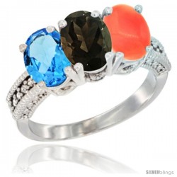 14K White Gold Natural Swiss Blue Topaz, Smoky Topaz & Coral Ring 3-Stone 7x5 mm Oval Diamond Accent