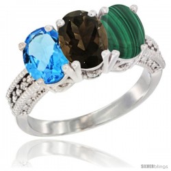 14K White Gold Natural Swiss Blue Topaz, Smoky Topaz & Malachite Ring 3-Stone 7x5 mm Oval Diamond Accent