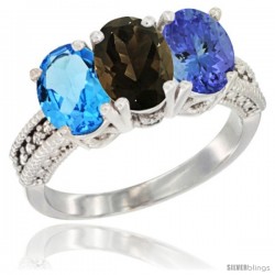 14K White Gold Natural Swiss Blue Topaz, Smoky Topaz & Tanzanite Ring 3-Stone 7x5 mm Oval Diamond Accent