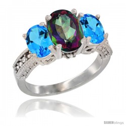 14K White Gold Ladies 3-Stone Oval Natural Mystic Topaz Ring with Swiss Blue Topaz Sides Diamond Accent