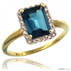 10k Yellow Gold Diamond London Blue Topaz Ring 1.6 ct Emerald Shape 8x6 mm, 1/2 in wide