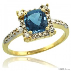 10k Yellow Gold Diamond Halo London Blue Topaz Ring 1.2 ct Checkerboard Cut Cushion 6 mm, 11/32 in wide