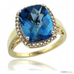 10k Yellow Gold Diamond London Blue Topaz Ring 5.17 ct Checkerboard Cut Cushion 12x10 mm, 1/2 in wide