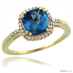 10k Yellow Gold Diamond London Blue Topaz Ring 1.5 ct Checkerboard Cut Cushion Shape 7 mm, 3/8 in wide