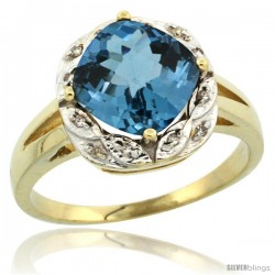 10k Yellow Gold Diamond Halo London Blue Topaz Ring 2.7 ct Checkerboard Cut Cushion Shape 8 mm, 1/2 in wide