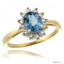 10k Yellow Gold Diamond Halo London Blue Topaz Ring 0.85 ct Oval Stone 7x5 mm, 1/2 in wide